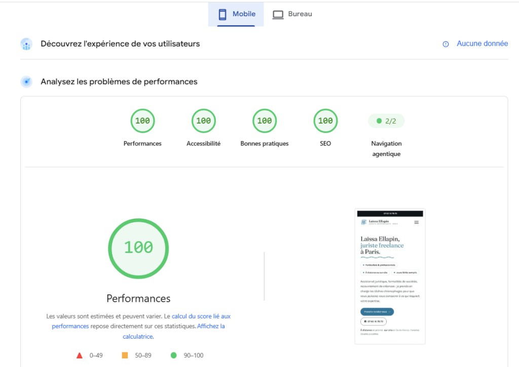 performance PageSpeed insights Juriste Freelance Paris en Mobile